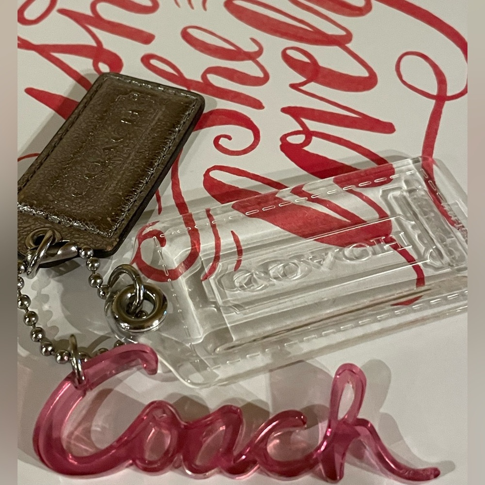 COACH EUC Poppy Script, Clear Acrylic & Leather Set Of 3 Replacement Hangtags